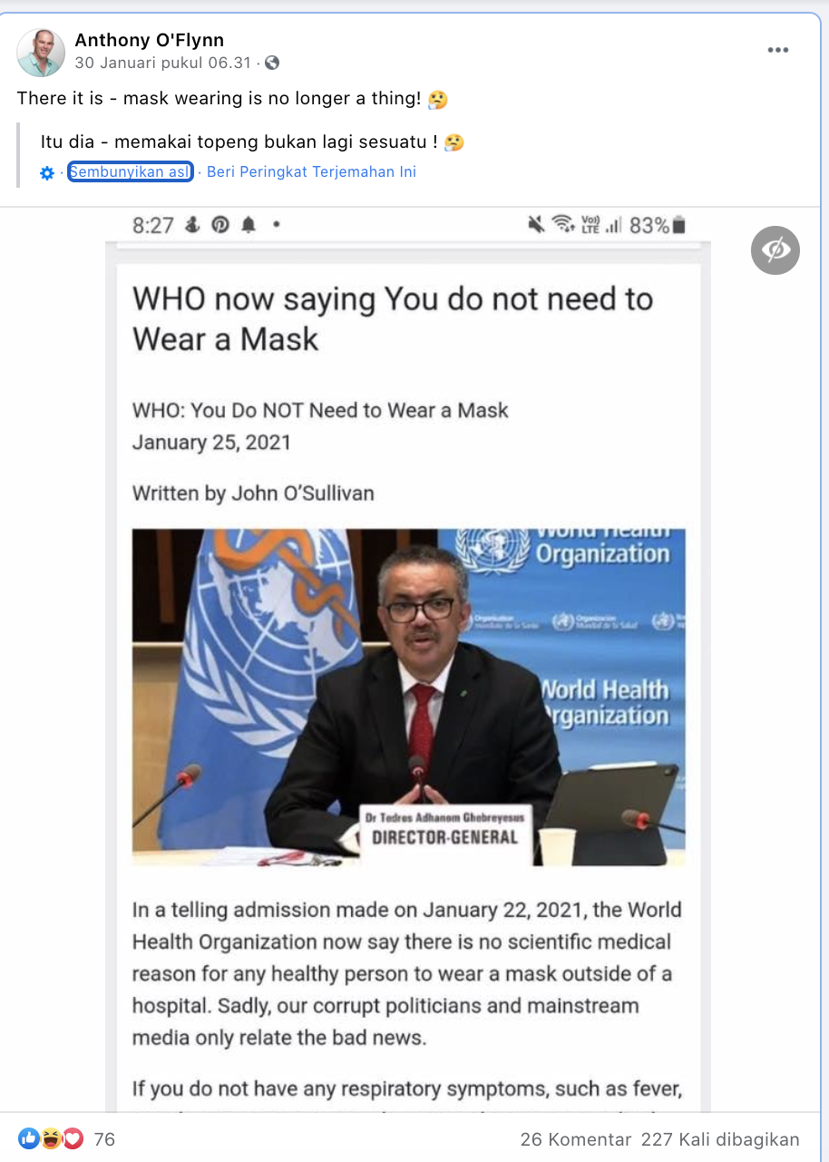 [Cek Fakta] Benarkah WHO Anjurkan Tidak Perlu Memakai Masker Lagi di 2021? Ini Faktanya