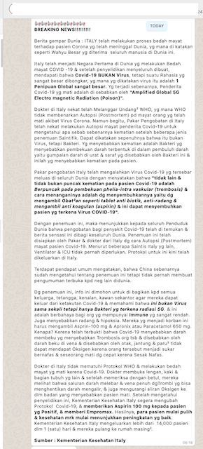 [Cek Fakta] Kementerian Kesehatan Italia Pastikan Covid-19 bukan Virus? Ini Faktanya