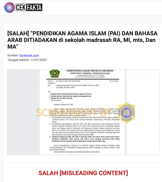 [Cek Fakta] Mata Pelajaran PAI dan Bahasa Arab di Madrasah tidak Berlaku Lagi? Ini Faktanya