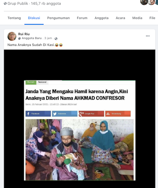 [Cek Fakta] Seorang Wanita yang Mengaku Hamil karena Angin, Kini Anaknya Diberi Nama Ahkmad Confresor? Ini Faktanya