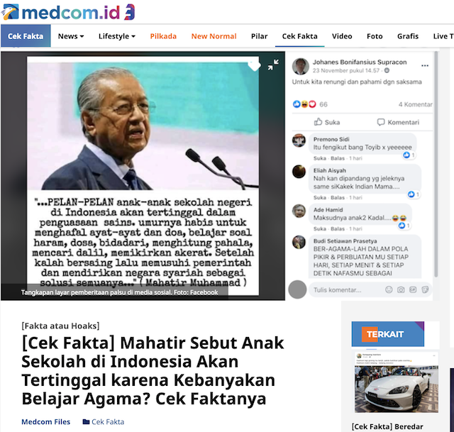 [Cek Fakta] Mahatir Mohamad Kritik Sistem Pendidikan di Indonesia, Sebut Kebanyakan Belajar Agama? Ini Faktanya