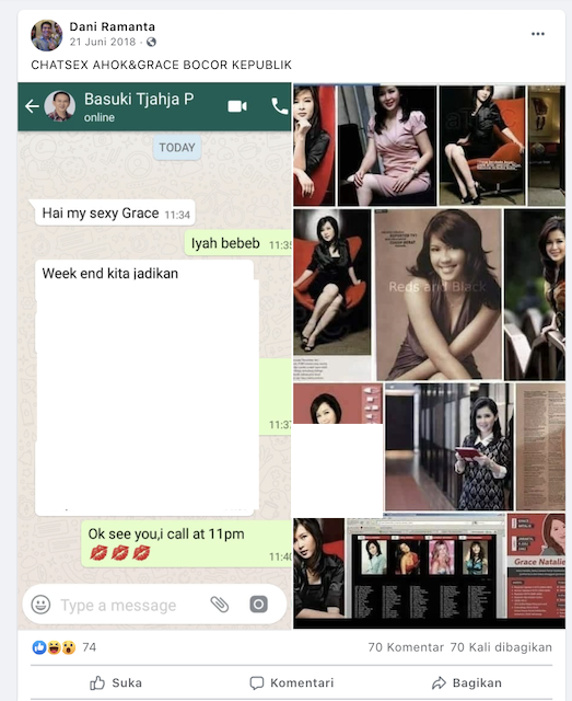 [Cek Fakta] Beredar Percakapan Mesum Ahok dan Grace Natalie, Itu Hoaks