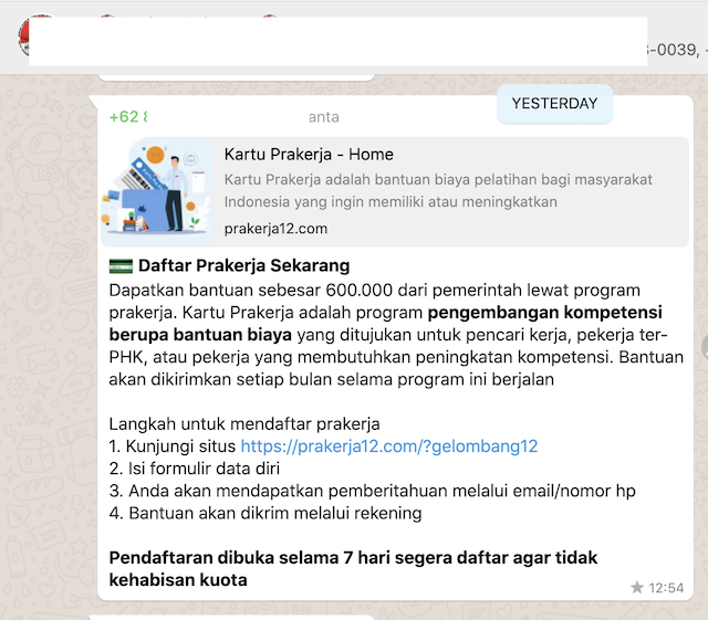 [Cek Fakta] Beredar Link Bantuan Rp600 Ribu dari Program Prakerja? Ini Faktanya