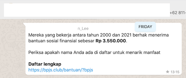 [Cek Fakta] Bantuan Rp3.550.000 untuk Pekerja antara Tahun 2000 dan 2021 dari BPJS? Ini Faktanya