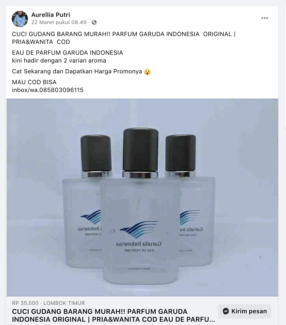 [Cek Fakta] Benarkah Parfum Merek Garuda Indonesia Dijual Bebas? Ini Cek Faktanya