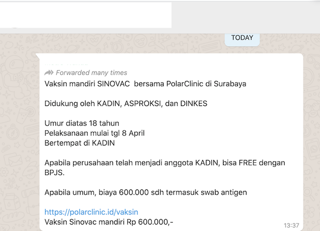 [Cek Fakta] Vaksin Mandiri Sinovac Rp600 Ribu? Ini Faktanya