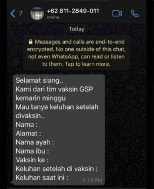 [Cek Fakta] Beredar Pesan Berantai Mengatasnamakan Tim Vaksinasi GSP Meminta Data Penerima Vaksin