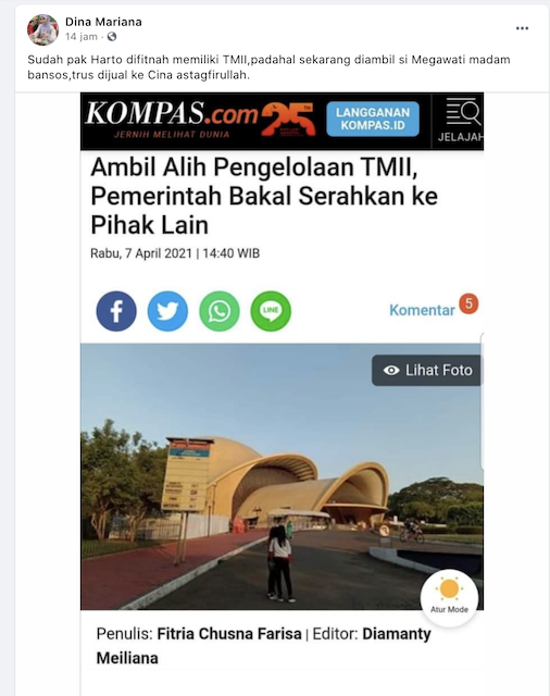 [Cek Fakta] TMII Diambil Megawati dan Dijual ke Tiongkok? Ini Faktanya