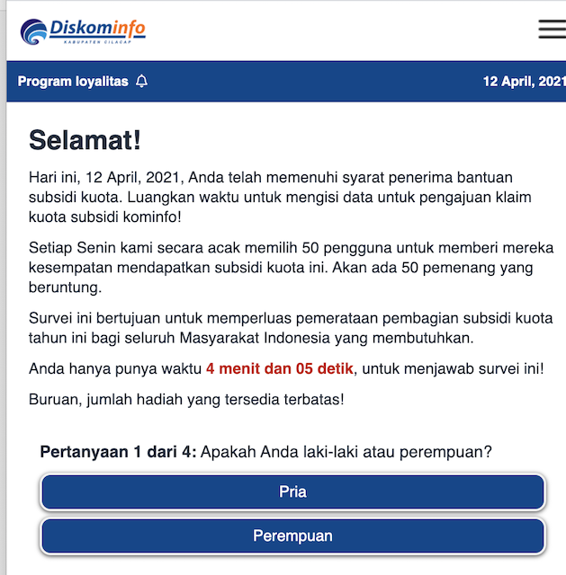 [Cek Fakta] Link Survei Kominfo Berikan Subsidi Pulsa Rp200 Ribu dan Kuota 95 GB? Ini Faktanya