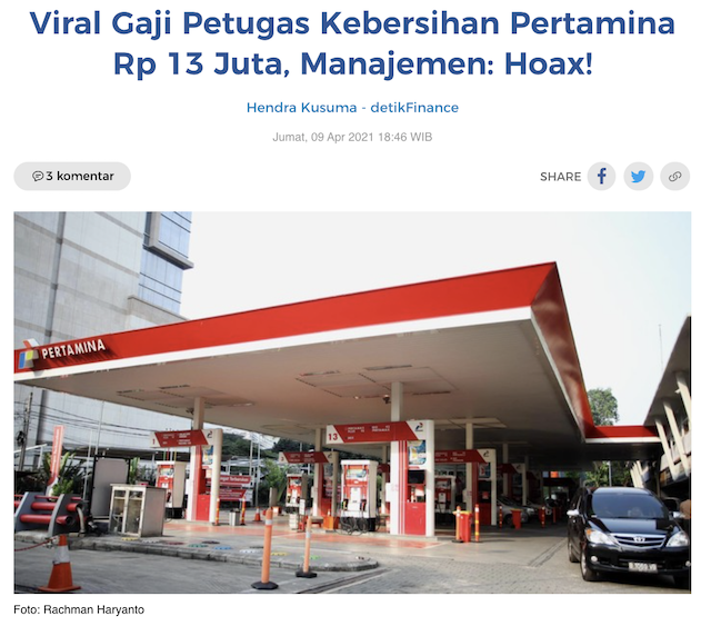[Cek Fakta] Viral Slip Gaji Petugas Kebersihan Pertamina Rp13,6 Juta? Begini Faktanya