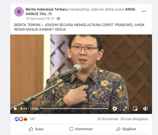 [Cek Fakta] Jokowi Copot Prabowo, Ahok Resmi Masuk Kabinet Kerja? Ini Faktanya