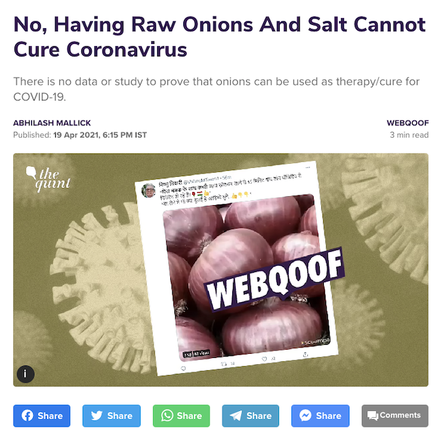 [Cek Fakta] Makan Bawang Merah Mentah dan Garam bisa Ubah Positif Covid-19 Menjadi Negatif? Ini Faktanya