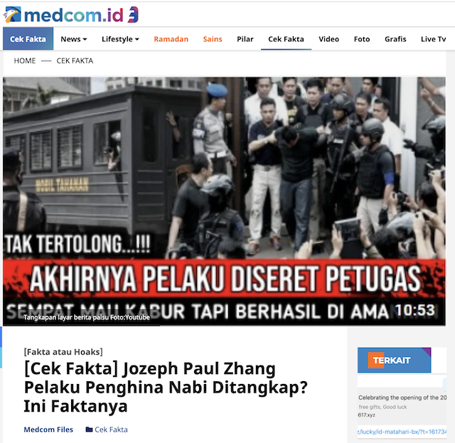 [Cek Fakta] Jozeph Paul Zhang Pelaku Penghina Nabi Ditembak Mati Saat Akan Ditangkap? Cek Faktanya