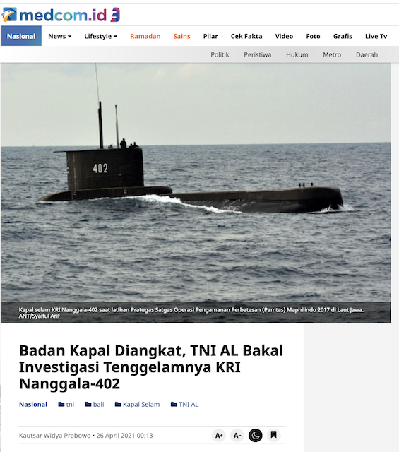 [Cek Fakta] KRI Nanggala-402 Hancur karena Torpedo Kapal Selam Tiongkok 093B? Ini Faktanya