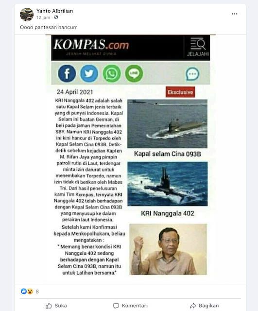[Cek Fakta] KRI Nanggala-402 Hancur karena Torpedo Kapal Selam Tiongkok 093B? Ini Faktanya