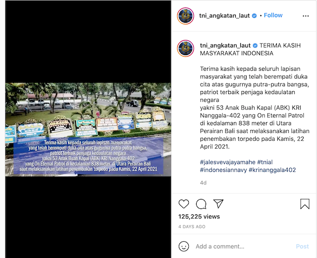 [Cek Fakta] Benarkah Tak Ada Karangan Bunga terkait Gugurnya 53 Anak Bangsa KRI Nanggala-402? Ini Faktanya