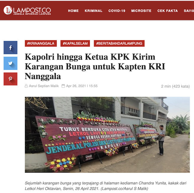 [Cek Fakta] Benarkah Tak Ada Karangan Bunga terkait Gugurnya 53 Anak Bangsa KRI Nanggala-402? Ini Faktanya