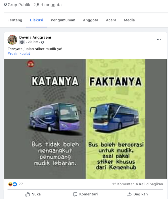 [Cek Fakta] Kemenhub jadikan Larangan Mudik Ladang Bisnis dengan Jualan Stiker Khusus Bus? Ini Faktanya