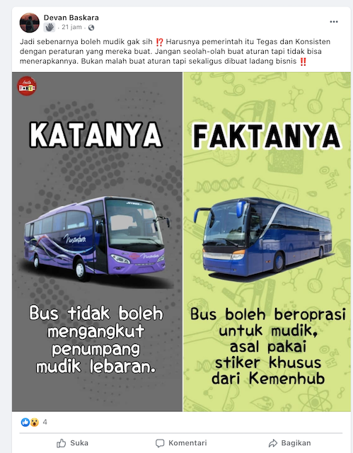 [Cek Fakta] Kemenhub jadikan Larangan Mudik Ladang Bisnis dengan Jualan Stiker Khusus Bus? Ini Faktanya
