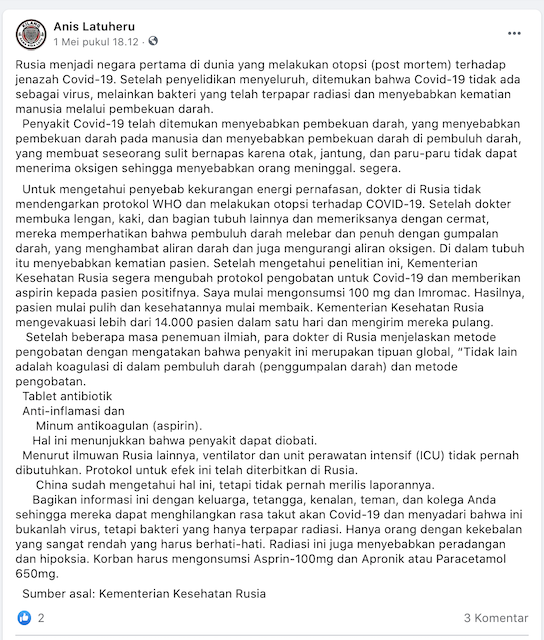 [Cek Fakta] Rusia Sebut Covid-19 Adalah Bakteri yang Terpapar Radiasi? Ini Faktanya