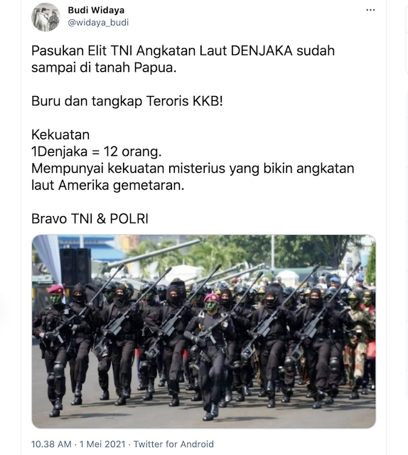 [Cek Fakta] Kabar Denjaka Dilibatkan dalam Menumpas KKB Teroris Papua Hoaks, Ini Cek Faktanya