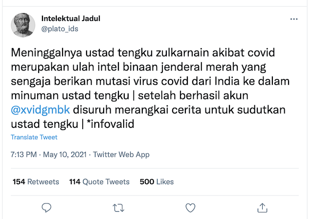 [Cek Fakta] Ustaz Tengku Zulkarnain Meninggal Akibat Covid-19 Ulah Intelijen Binaan Jenderal Merah? Ini Faktanya