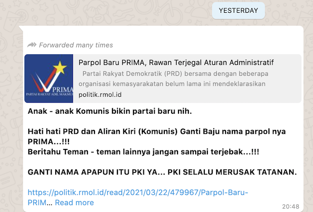 [Cek Fakta] Partai PRIMA Buatan Anak-Anak Komunis? Ini Faktanya