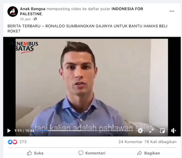 [Cek Fakta] Cristiano Ronaldo Sumbangkan Gajinya Bantu HAMAS Beli Roket? Ini Faktanya