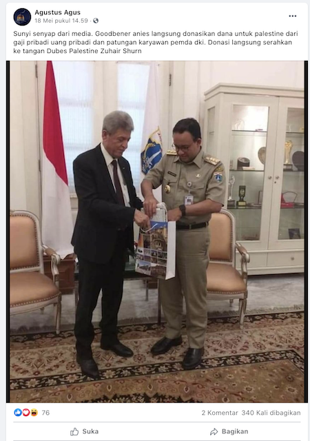 [Cek Fakta] Foto Anies Baswedan Serahkan Uang Pribadi ke Dubes Palestina? Ini Faktanya