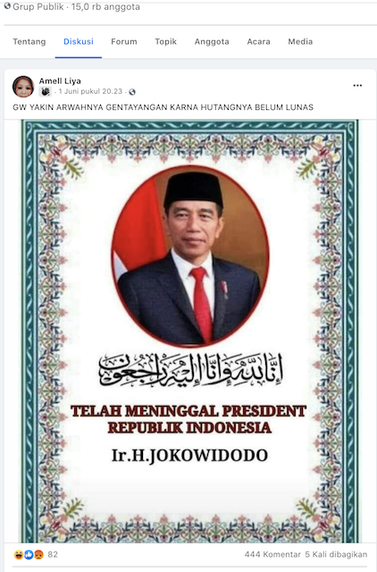 [Cek Fakta] Akun Facebook Ini Sebut Presiden Jokowi Wafat, Hoaks