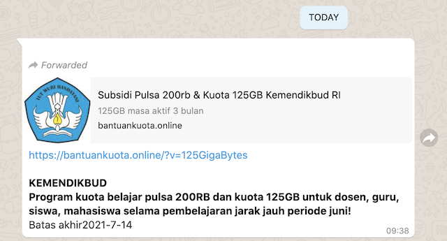 [Cek Fakta] Beredar Link Subsidi Pulsa Rp200 Ribu dan Kuota 125 GB? Ini Faktanya