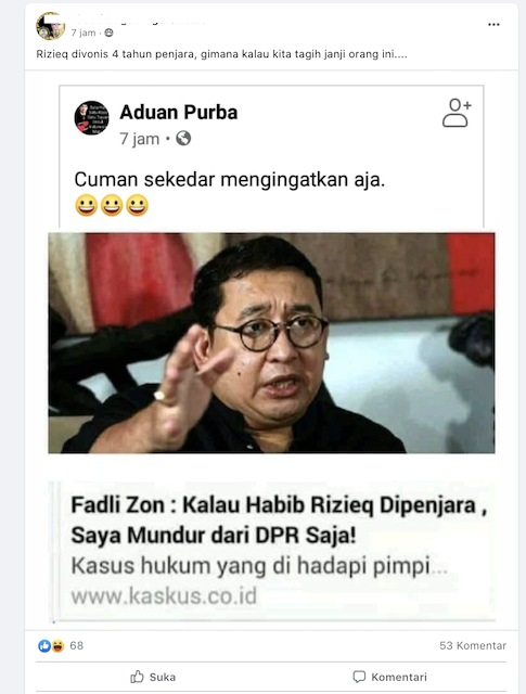 [Cek Fakta] Fadli Zon Janji Mundur dari DPR jika Rizieq Masuk Penjara? Ini Faktanya