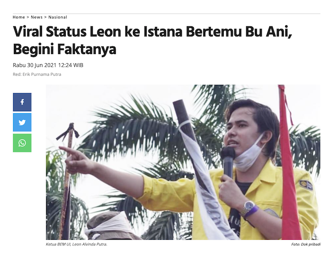 [Cek Fakta] Ketua BEM UI Leon Alvinda Putra 'Piaraan' Cikeas? Ini Faktanya