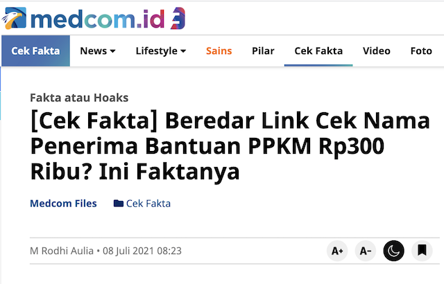 [Cek Fakta] Beredar Lagi Link Cek Penerima Bantuan PPKM Rp300 Ribu? Ini Faktanya