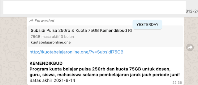 [Cek Fakta] Beredar Lagi Link Kuota Belajar Kemendikbud 75 GB dan Subsidi Pulsa 250 Ribu? Ini Faktanya