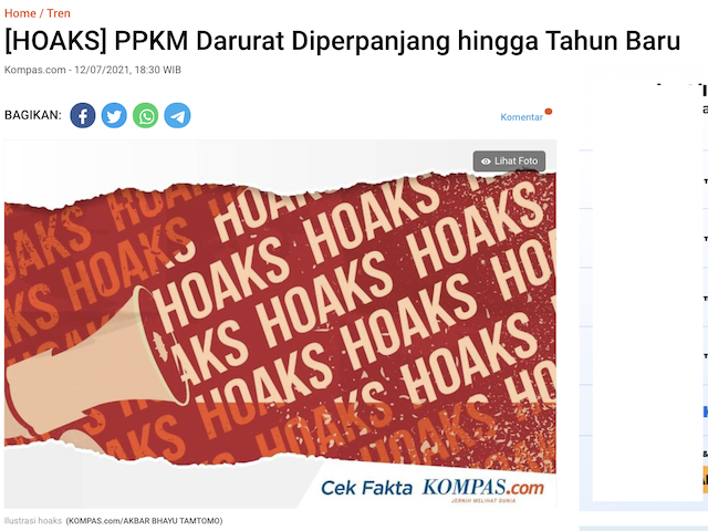 [Cek Fakta] PPKM Darurat Diperpanjang hingga Tahun Baru 2022? Begini Faktanya