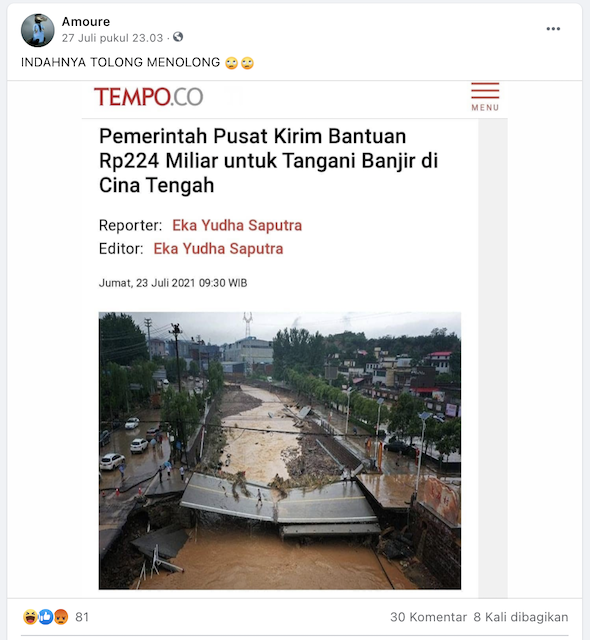 [Cek Fakta] Pemerintah Indonesia Kirim Bantuan Rp224 Miliar untuk Tiongkok Menangani Banjir? Ini Faktanya