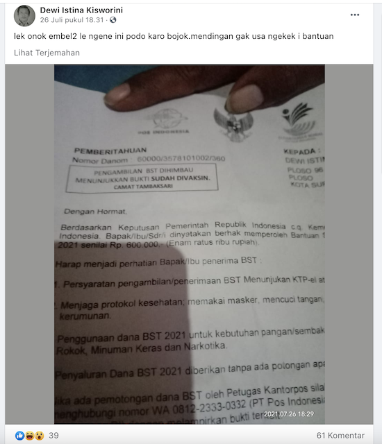 [Cek Fakta] Syarat Ambil Bansos Tunai di Kantor Pos Harus Membawa Bukti Sudah Divaksin? Begini Faktanya