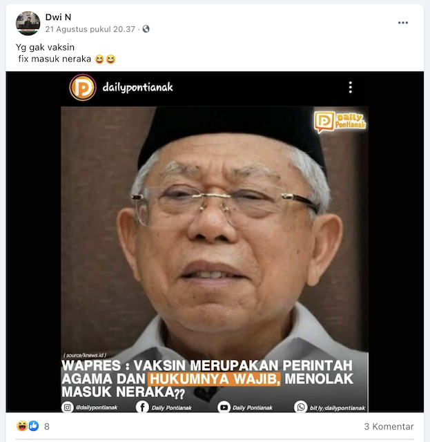 [Cek Fakta] Ma'ruf Amin Sebut yang Menolak Vaksin Masuk Neraka? Begini Faktanya