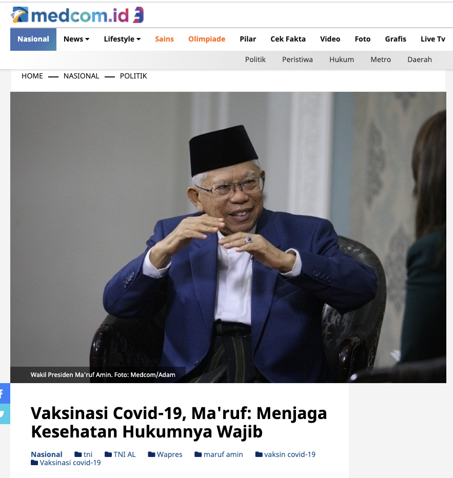 [Cek Fakta] Ma'ruf Amin Sebut yang Menolak Vaksin Masuk Neraka? Begini Faktanya