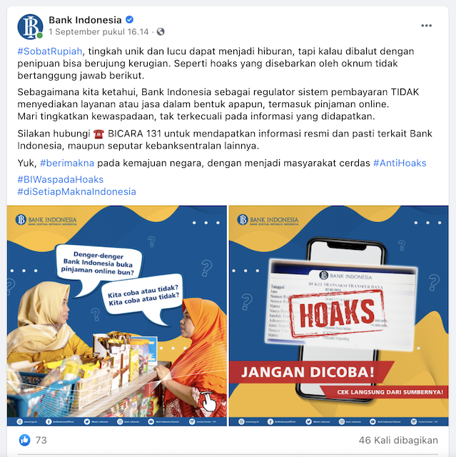 [Cek Fakta] Benarkah Bank Indonesia Membuka Jasa Pinjaman <i>Online</i> untuk Masyarakat? Ini Faktanya