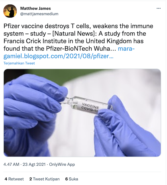 [Cek Fakta] Penelitian di Inggris Sebut Vaksin Pfizer Justu Menyerang Imun Tubuh? Cek Faktanya