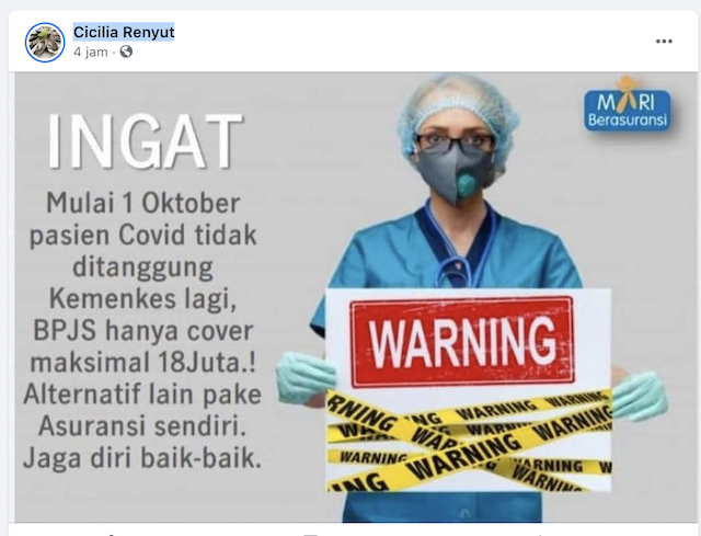 [Cek Fakta] Benarkah Biaya Perawatan Pasien Covid-19 Tidak Lagi Ditanggung Pemerintah Mulai 1 Oktober 2021? Begini Faktanya