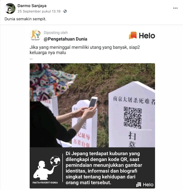 [Cek Fakta] Kuburan di Jepang Dilengkapi Kode QR yang Berisi Informasi tentang Orang yang Meninggal? Ini Faktanya