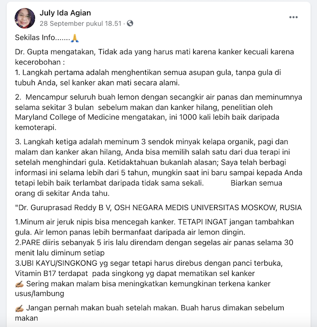 [Cek Fakta] Perasan Jeruk Lemon dan Minyak Kelapa Organik dapat Mengatasi Kanker? Cek Faktanya