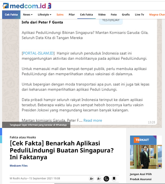 [Cek Fakta] Benarkah Aplikasi PeduliLindungi Buatan Singapura dan Data Kita Direkam di Sana? Ini Faktanya