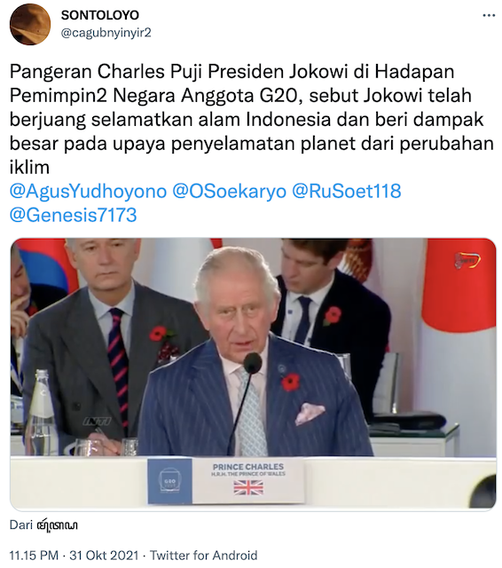 [Cek Fakta] Pangeran Charles Memuji Keberhasilan Presiden Jokowi di Hadapan Para Pemimpin Negara G20? Ini Faktanya