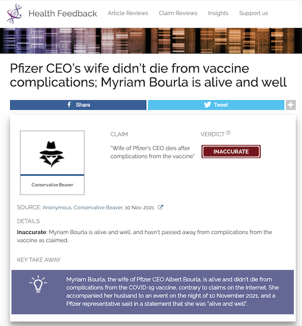 [Cek Fakta] Istri CEO Pfizer Meninggal Dunia Akibat Komplikasi Vaksin Covid-19? Ini Faktanya