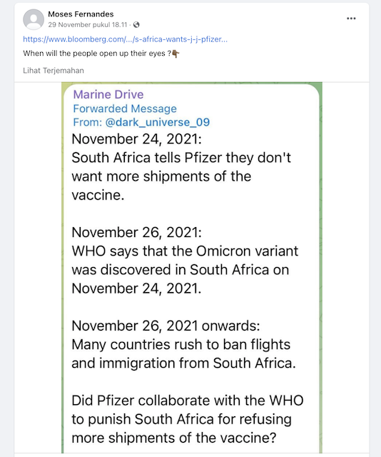 [Cek Fakta] WHO dan Pfizer Bekerja Sama Munculkan Omicron untuk Menghukum Afrika Selatan? Begini Faktanya