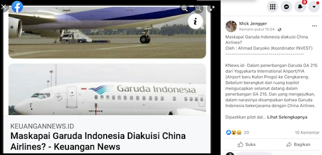 [Cek Fakta] Garuda Indonesia Dijual ke Tiongkok? Begini Faktanya